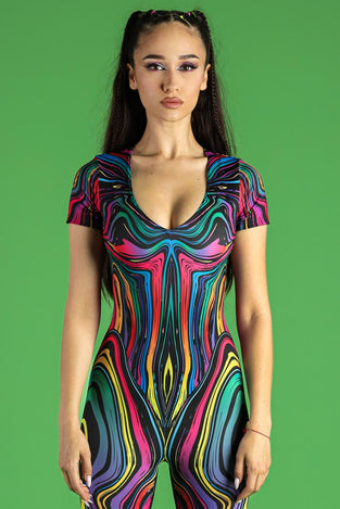 Rave Outfit Dazzle Dance V Neckline Bell Bottoms Jumpsuit Close View