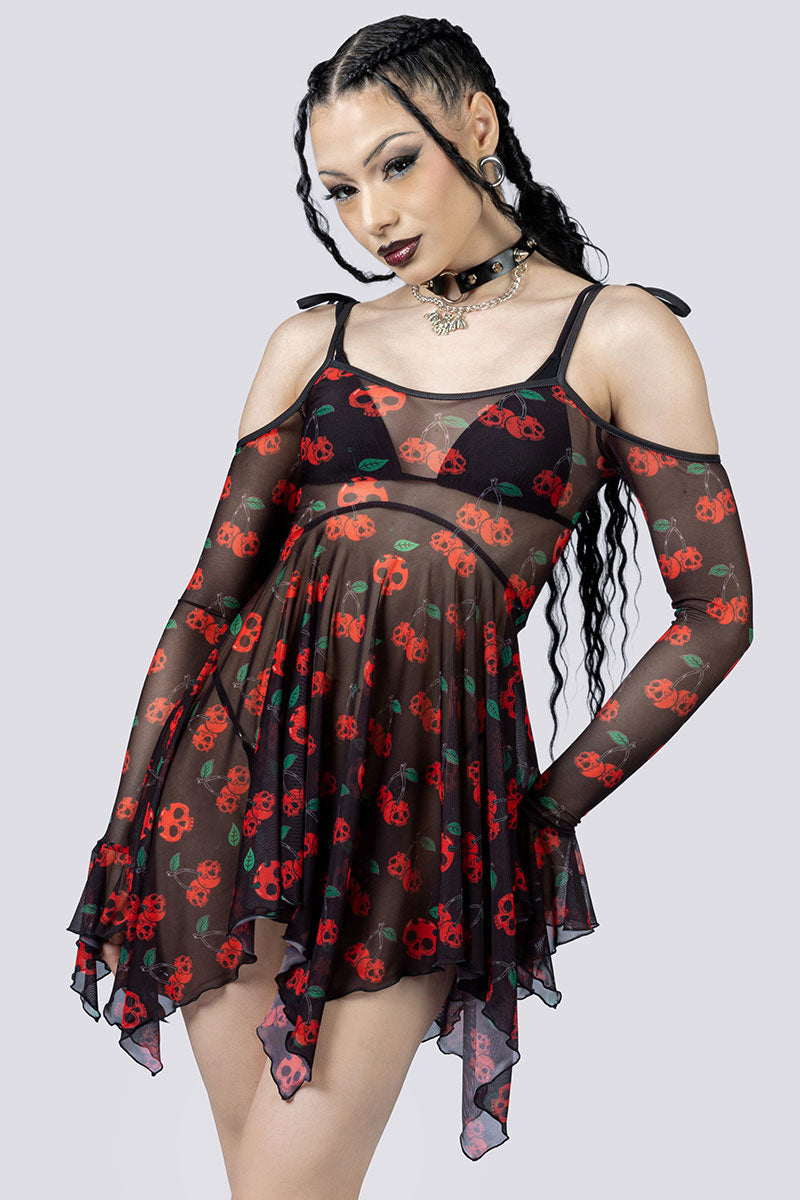 Deadly Cherry Mesh Handkerchief Strappy Dress Close Up Goth Clothing