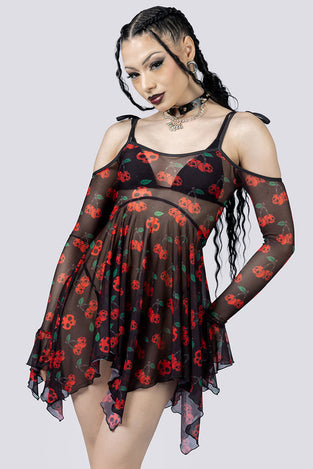 Deadly Cherry Mesh Handkerchief Strappy Dress Close Up Goth Clothing