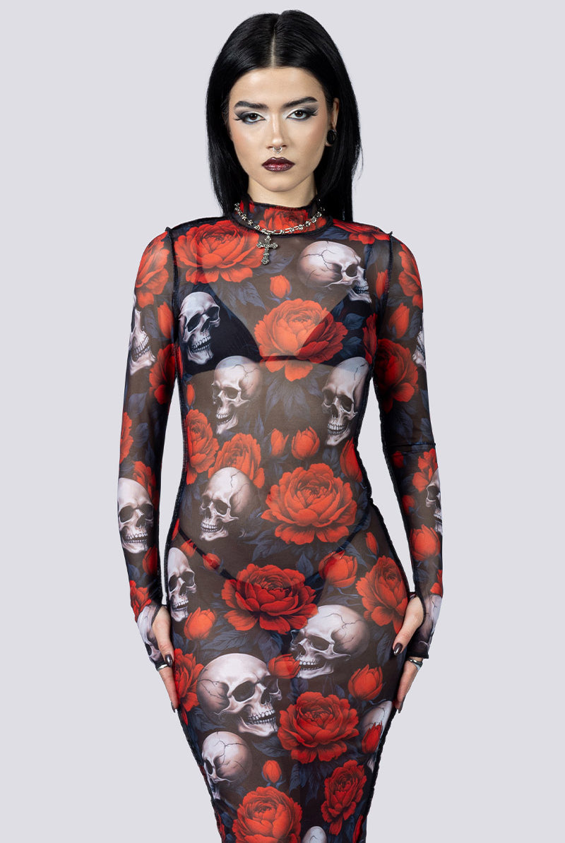 Deadly Peony Sheer Long Sleeve Dress Close Up Goth Clothing
