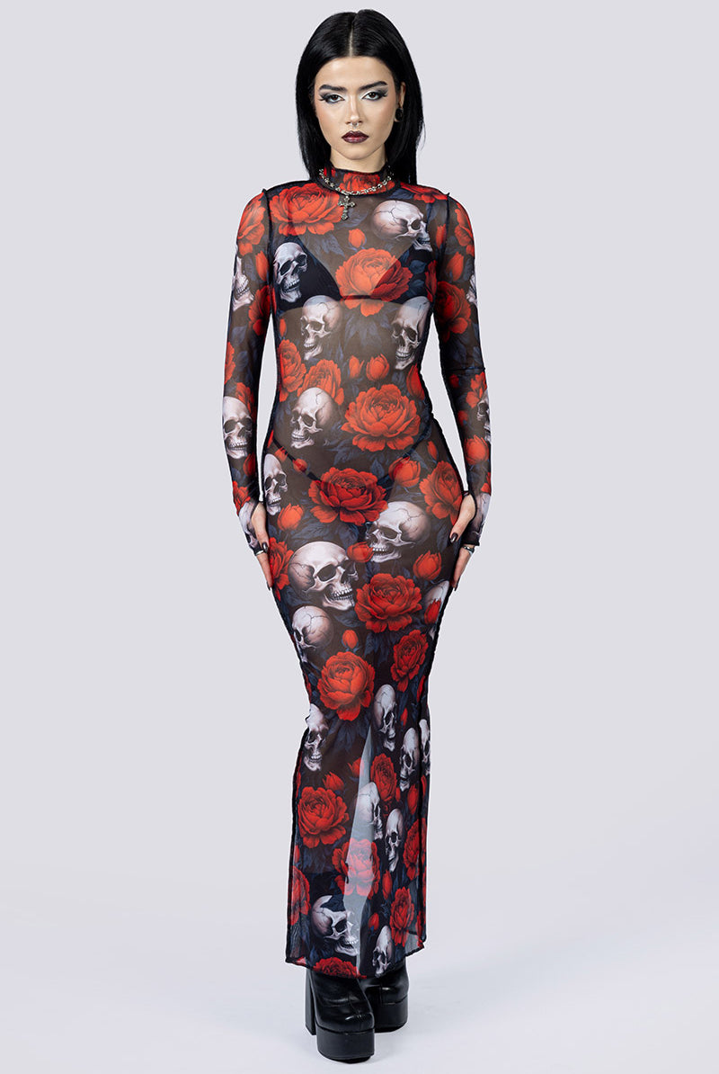 Deadly Peony Sheer Long Sleeve Dress Front Goth Wear