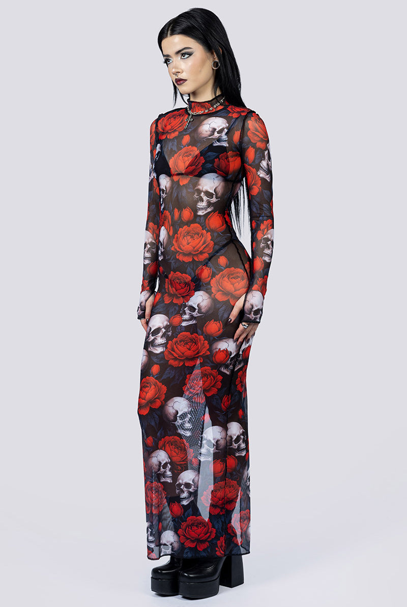 Deadly Peony Sheer Long Sleeve Dress Side Gothic Clothes