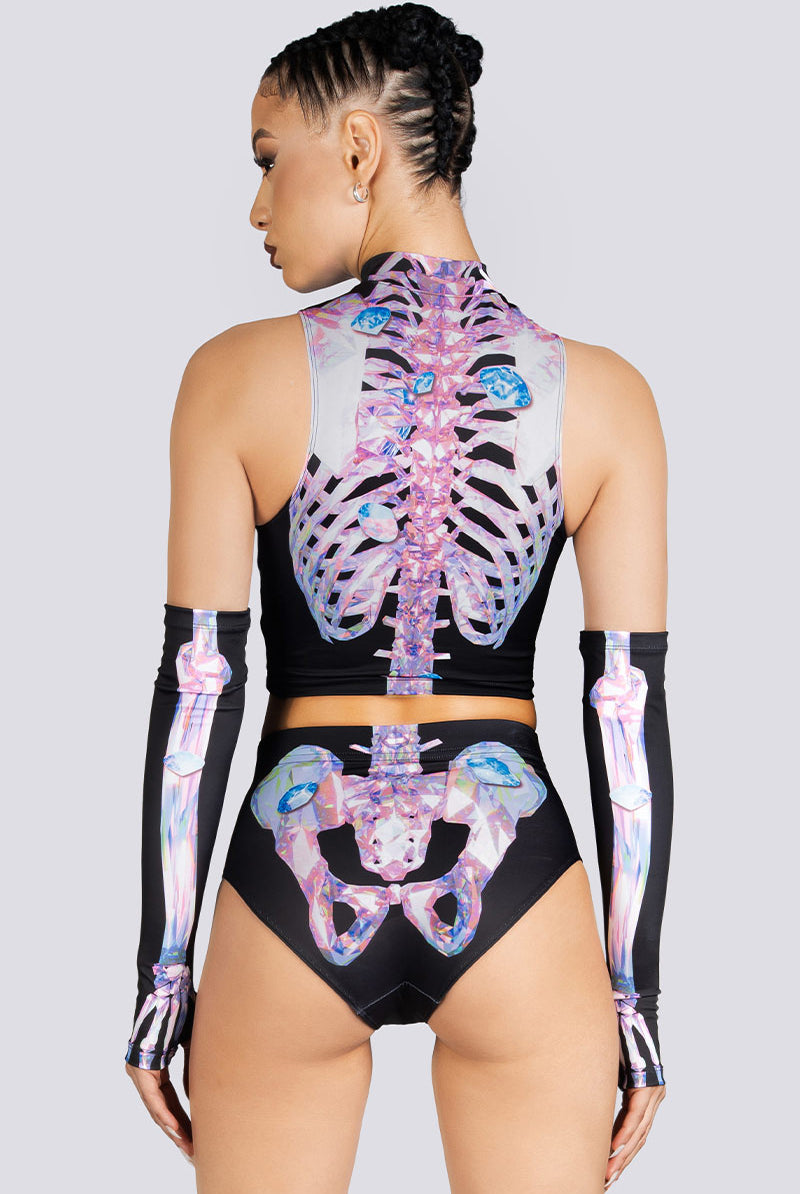 Diamond Skeleton Half Zip Crop Top Rave Halloween Costume