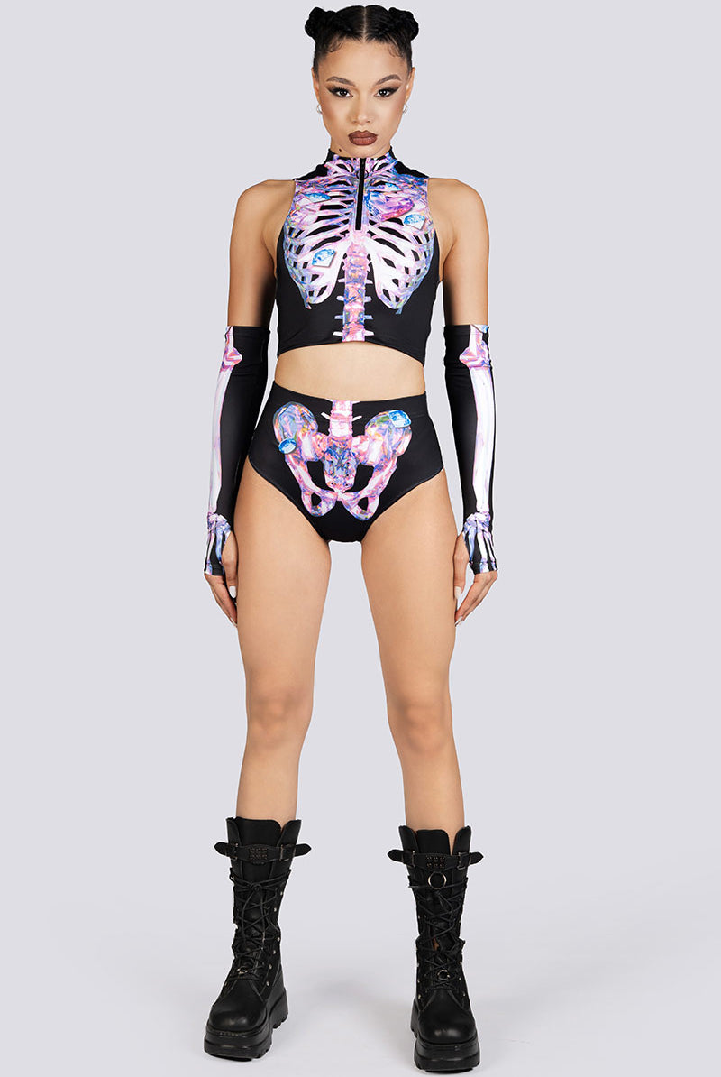 Diamond Skeleton Half Zip Crop Top Rave Halloween Wear