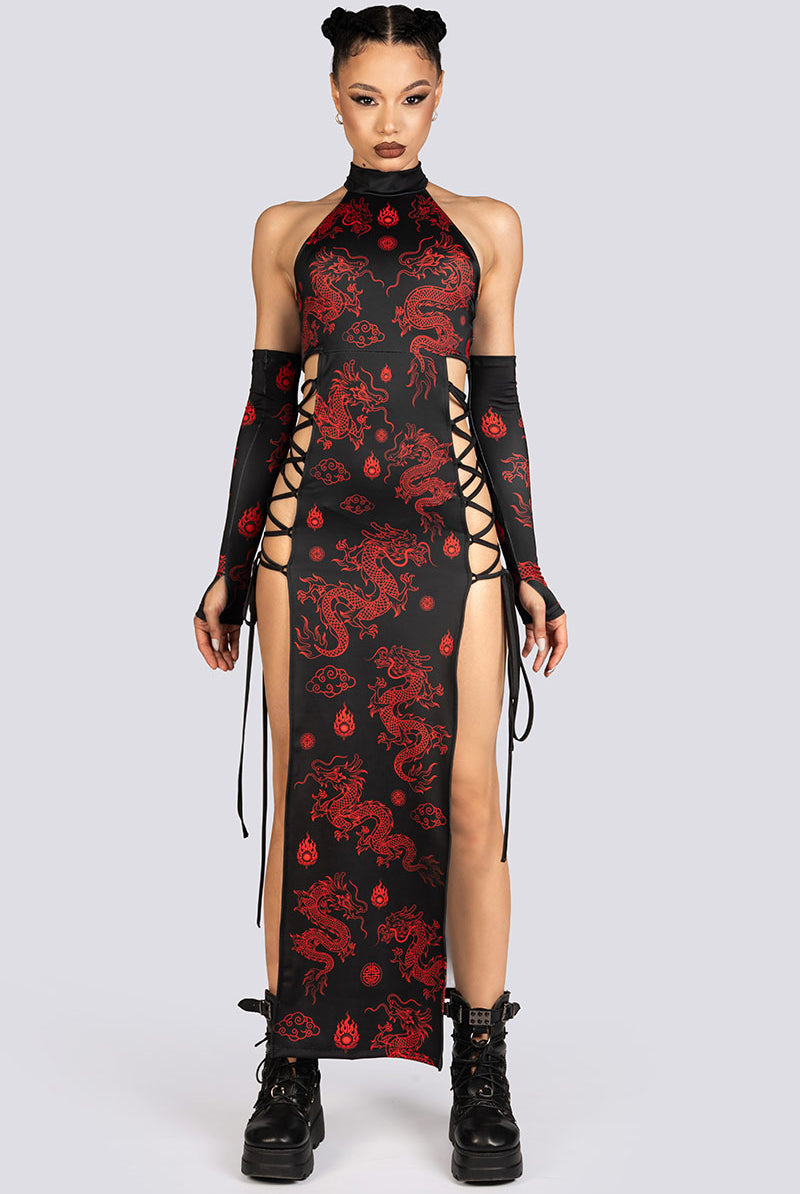 Dragon Dynasty Side Lace Up Maxi Dress Halloween Outfit