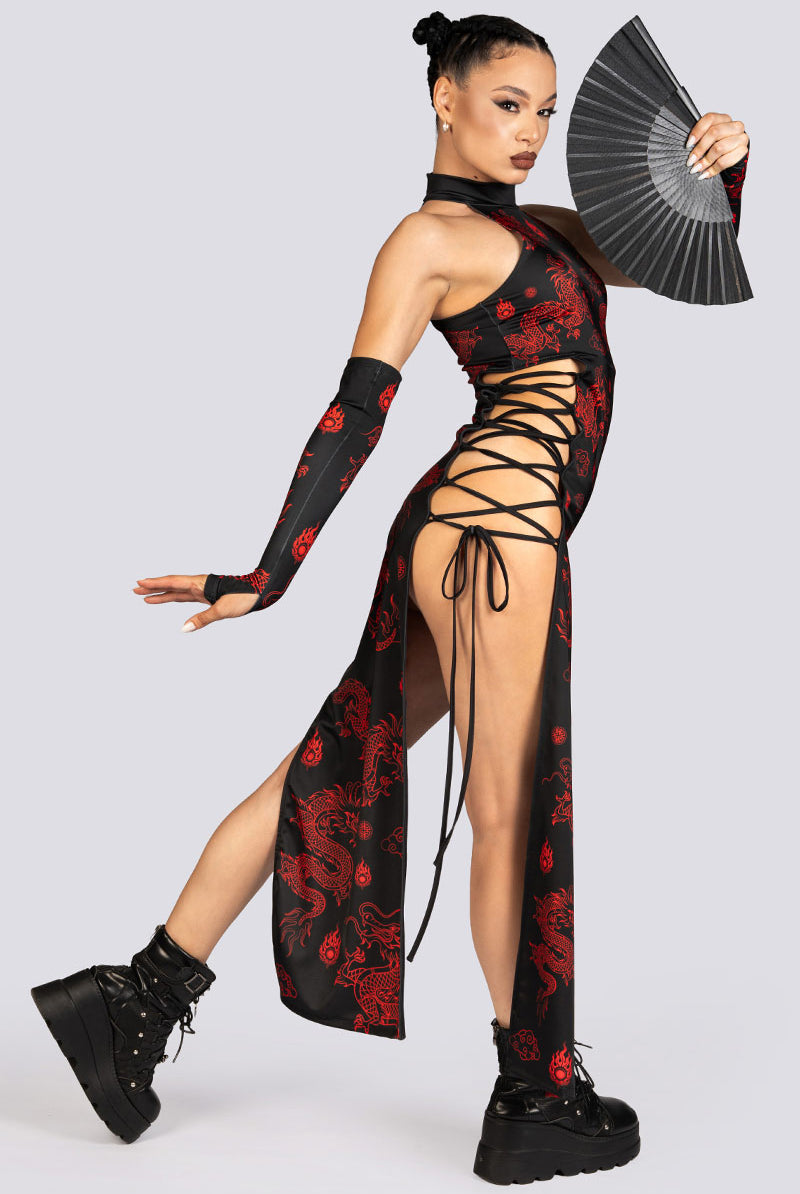 Dragon Dynasty Side Lace Up Maxi Dress Halloween Clothes