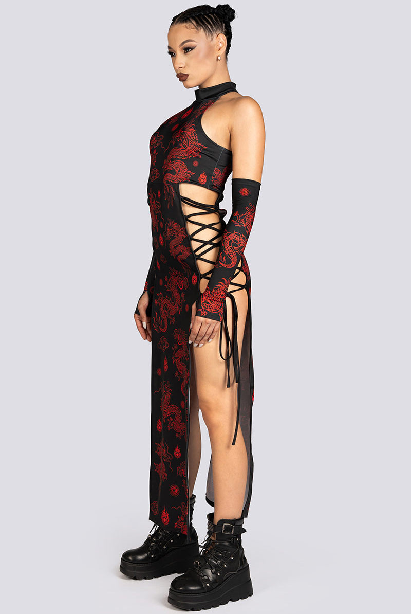 Dragon Dynasty Side Lace Up Maxi Dress Halloween Wear