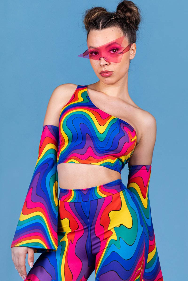 rainbow one shoulder dress Rainbow One Shoulder Fan Sleeve Dress