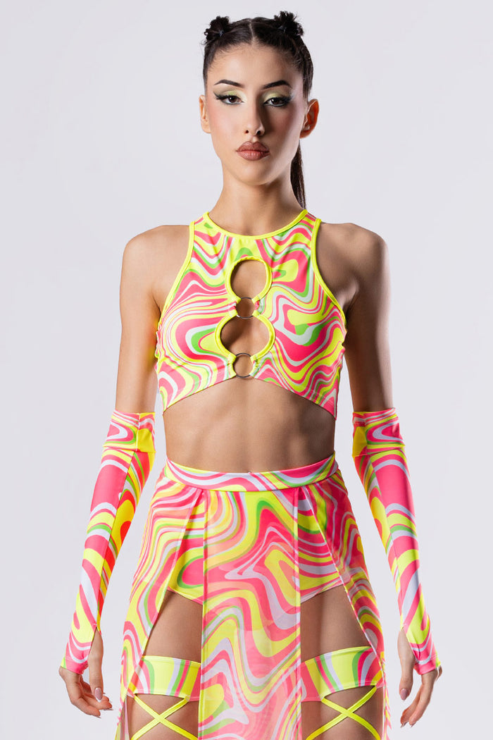 Rave Outfit Electric Candy Sheer Maxi Skirt Set Close Front View