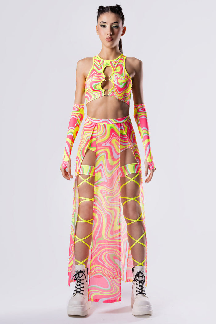 Rave Outfit Electric Candy Sheer Maxi Skirt Set Front View