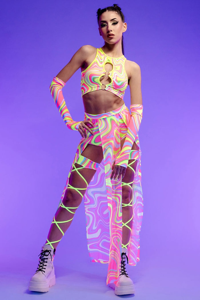 Rave Outfit Electric Candy Sheer Maxi Skirt Set Uv Front View