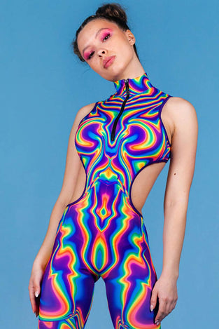 Rave Outfit Electric Feel Cut Out Catsuit Close View