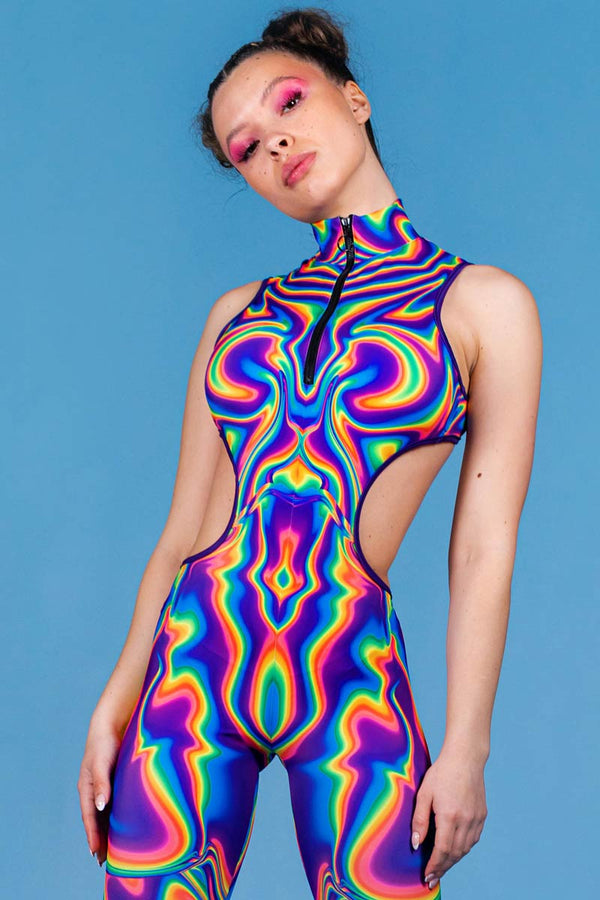 Rave Outfit Electric Feel Cut Out Catsuit Close View