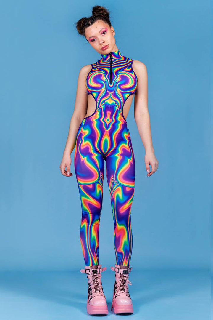 Electric Feel Rainbow Cut Out Catsuit for Rave & Pride | Devil Walking