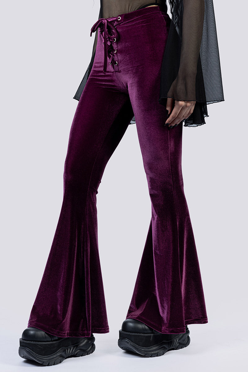 Mulberry Wine Lace Up Flare Pants - Purple Velvet | Devil Walking