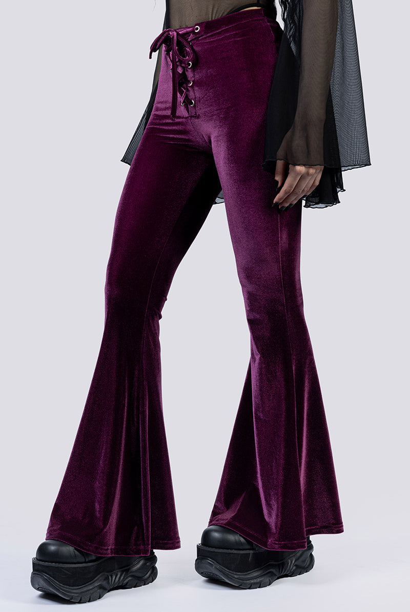 Electric Plum Lace Up Flare Pants Close Up Goth Clothing