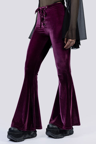 Electric Plum Lace Up Flare Pants Close Up Goth Clothing
