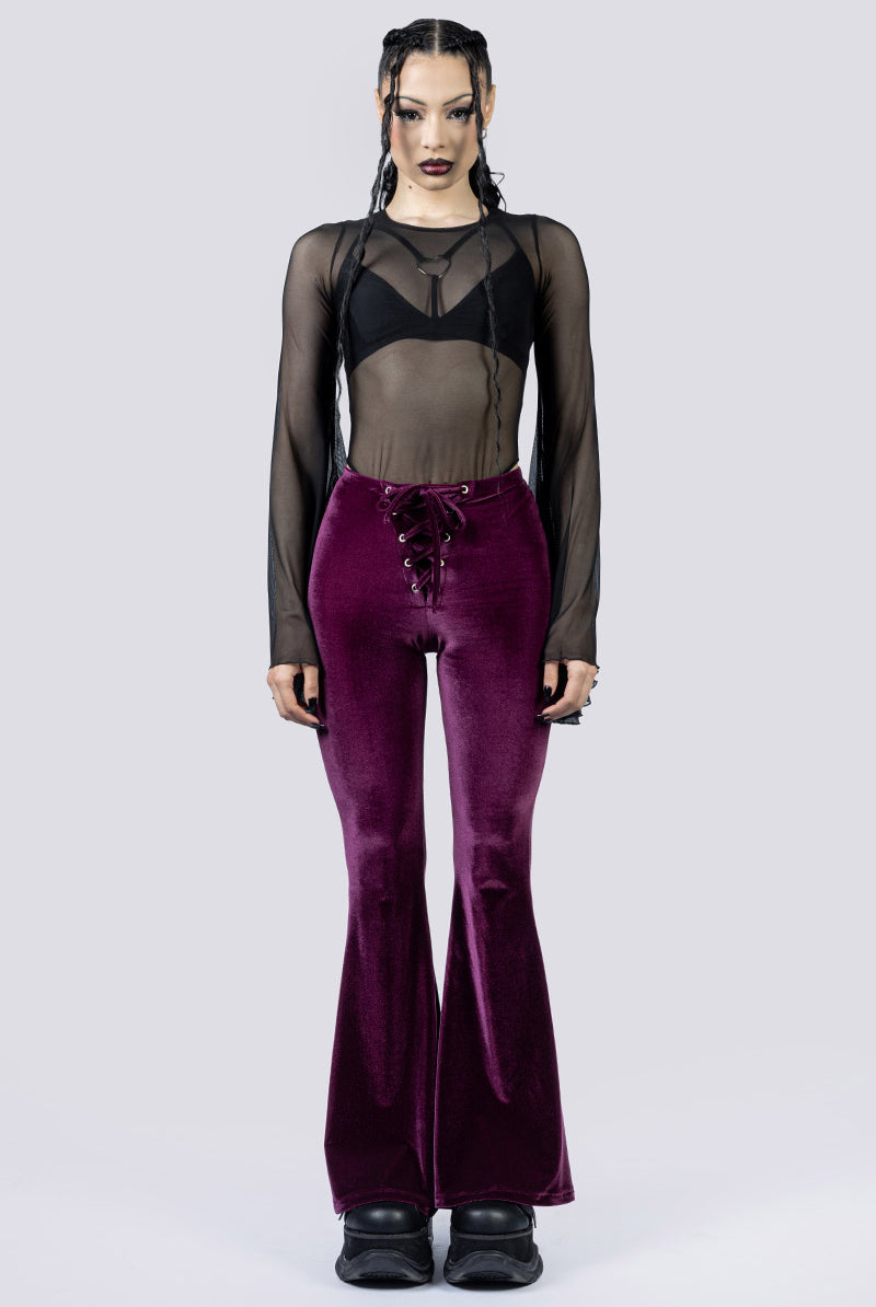 Electric Plum Lace Up Flare Pants Front Gothic Clothing
