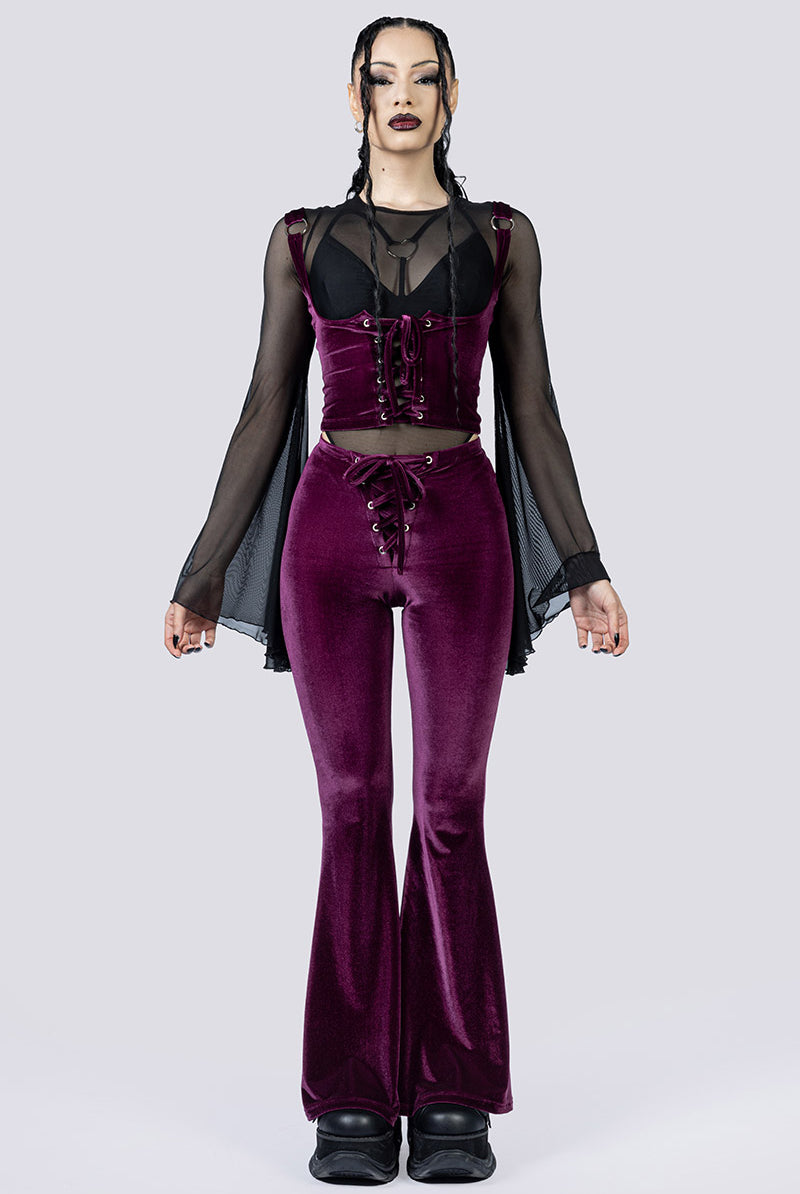 Electric Plum Lace Up Flare Pants Full Body Goth Fashion