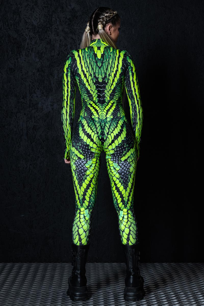 GREEN SNAKE Halloween Costume for Women, Halloween Costume for Women, Jumpsuit with Tattoo Effect on the Back, Snake store Skin Catsuit for Women