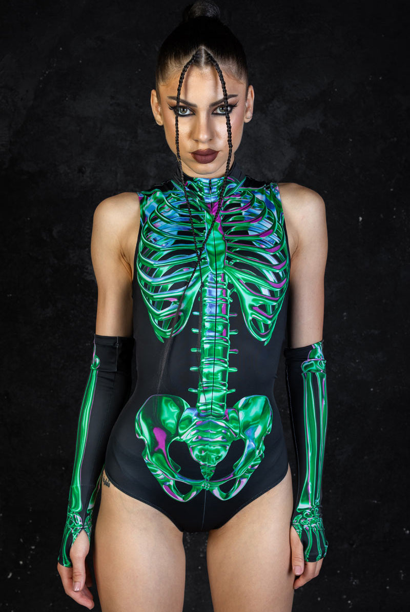 Emerald Skeleton Sleeveless Bodysuit Close View