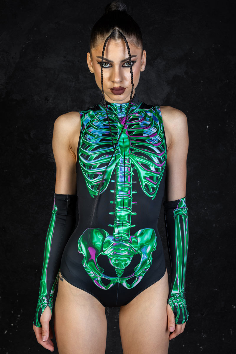 Emerald Skeleton Sleeveless Bodysuit Close View