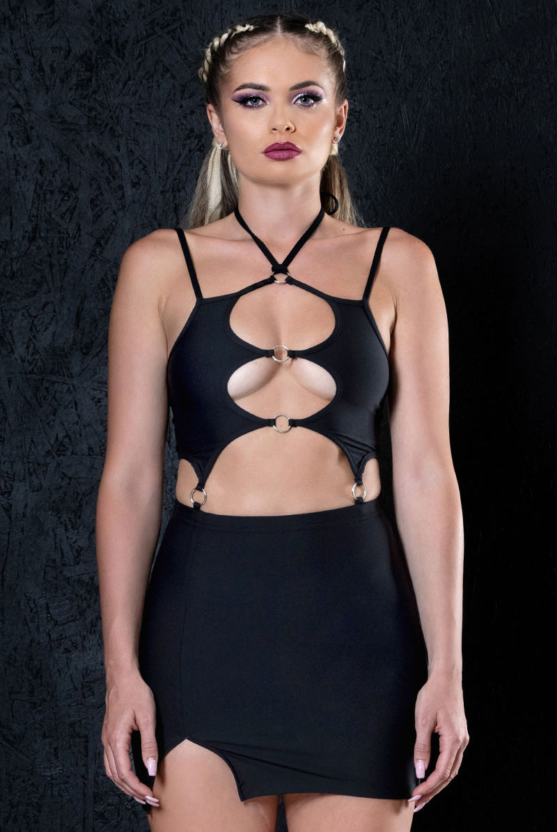 Femme Fatale Strappy Cut Out Mini Dress Front View