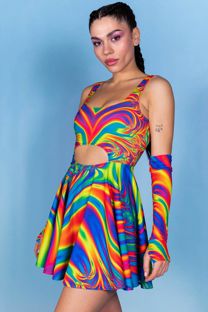 Pride Outfits, Flameburst Cut Out Skater Dress, Printed Dress, Spandex Dress, Pride Dress, Circle Dress, Rave Outfit, Rainbow Dress, XXL