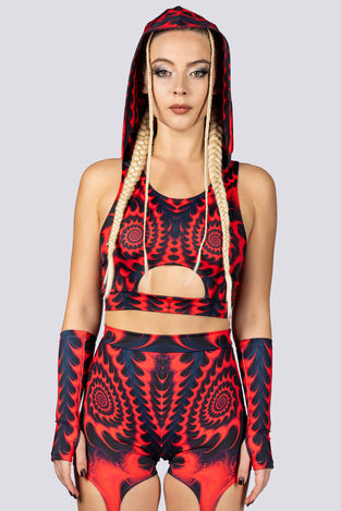 Fractalia Hooded Cut Out Crop Top Close Front View