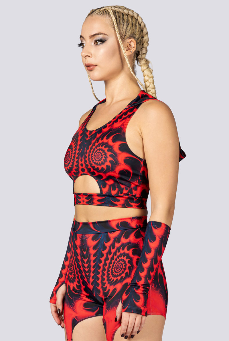 Fractalia Hooded Cut Out Crop Top Close Side View