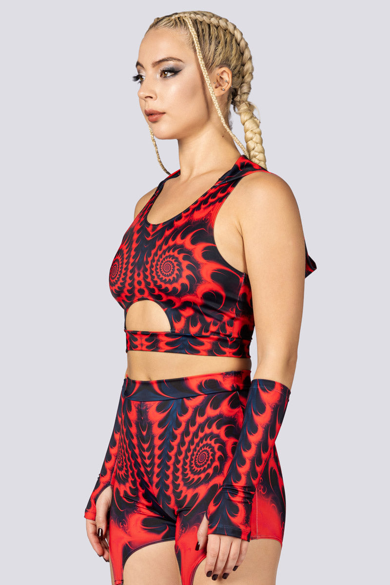 Fractalia Hooded Cut Out Crop Top Close Side View