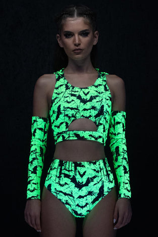 Rave Outfit Glowing Bats Booty Shorts Set Uv Front View