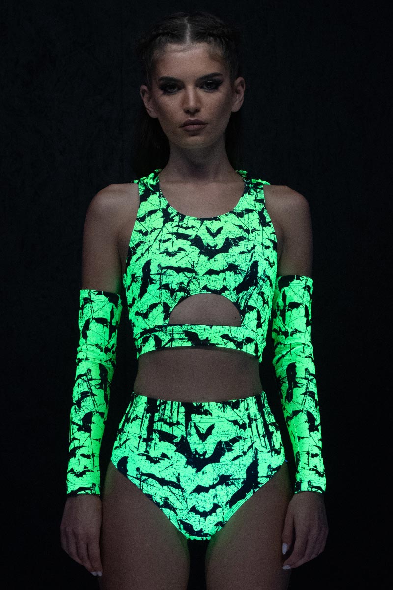 Glowing Bats Hooded Cut Out Crop Top UV Front View