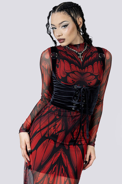 Goth Moth Mesh Long Sleeve Dress – Red Gothic Clothing for Women, M