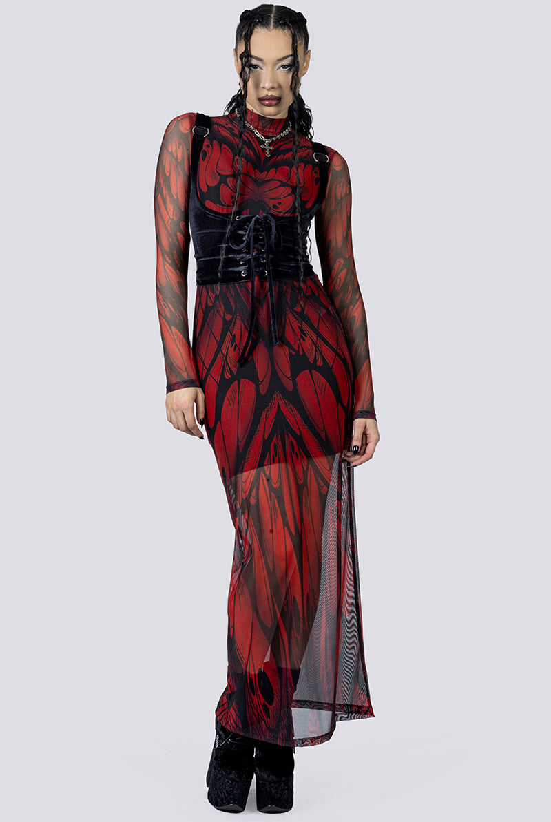Goth Moth Mesh Long Sleeve Dress Corset Front Gothic Clothing
