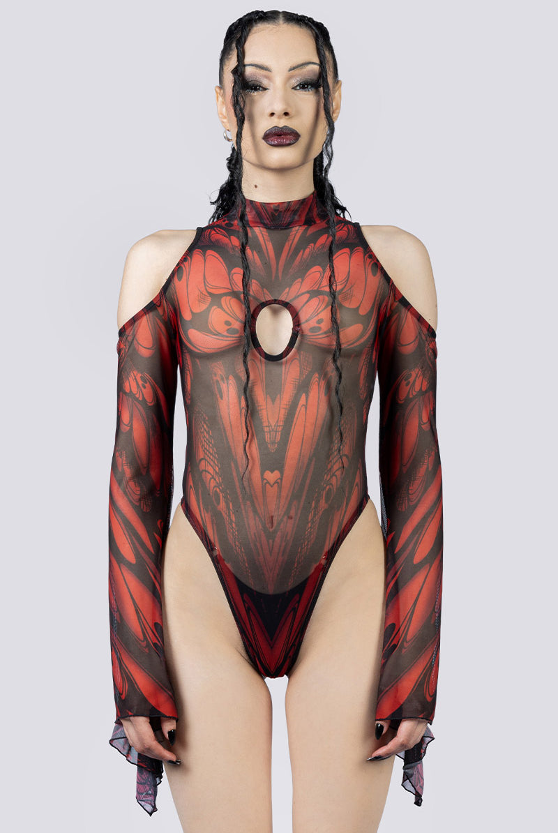 Goth Moth Sheer Cold Sholder Bodysuit Close Up Goth Clothing