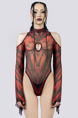 Goth Moth Sheer Cold Sholder Bodysuit Close Up Goth Clothing