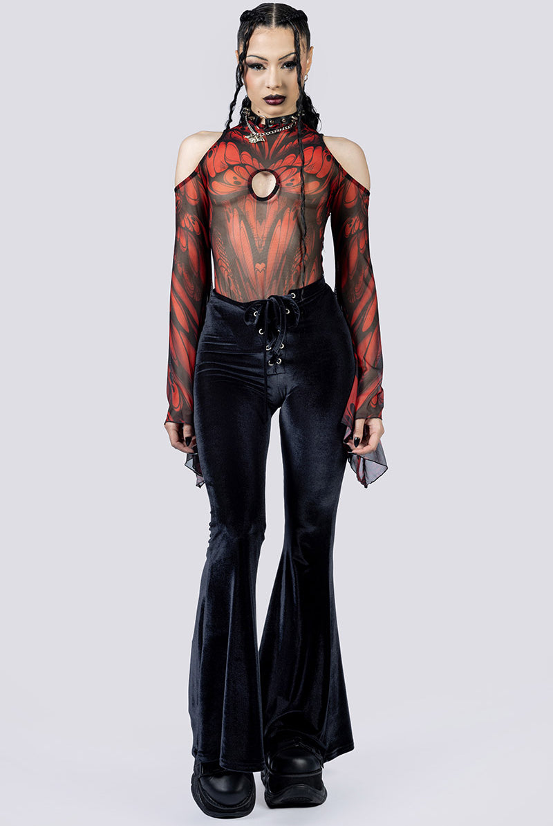 Goth Moth Sheer Cold Sholder Bodysuit Pants Front Gothic Clothing