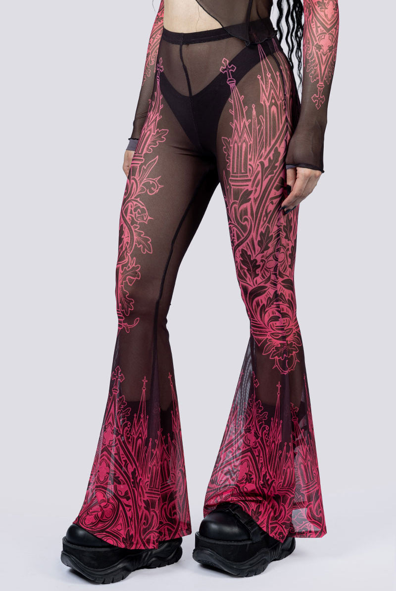 Goth Oath Mesh Flared Pants Close Up Goth Clothing