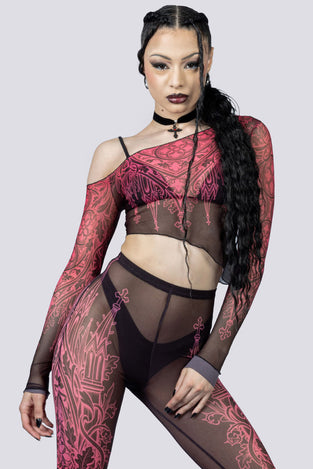 Goth Oath Mesh Flared Pants Set Close Up Front Goth Clothing