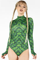 Rave Outfit Green Dragon Scale Long Sleeve Bodysuit Close View