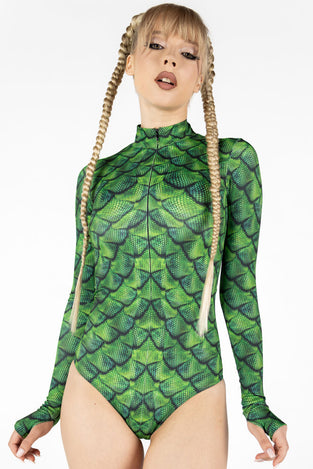 Rave Outfit Green Dragon Scale Long Sleeve Bodysuit Close View