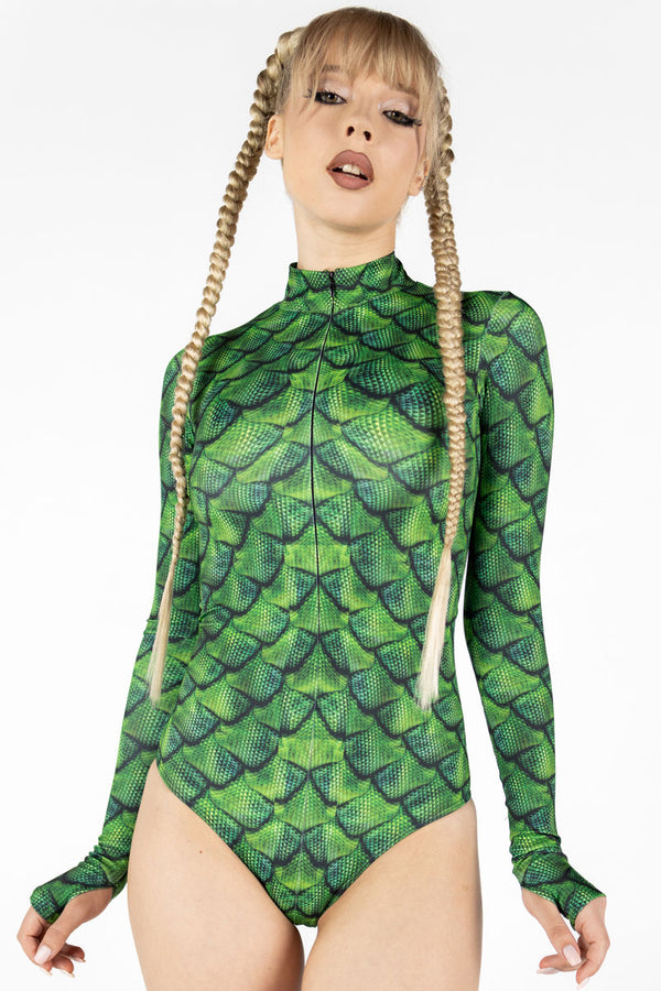 Rave Outfit Green Dragon Scale Long Sleeve Bodysuit Close View