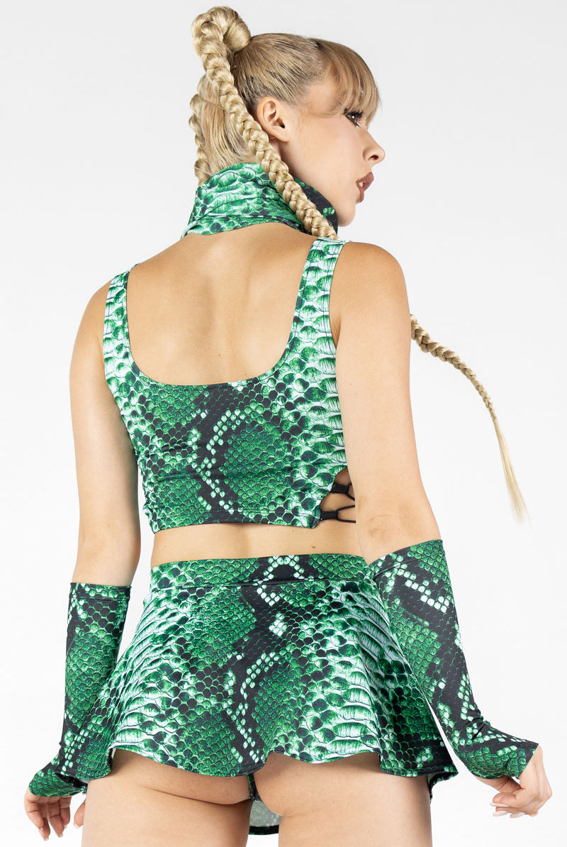 Green Snakeskin Rave Mini Skirt Set Back View