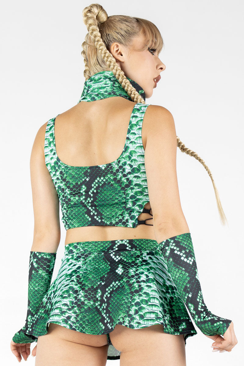 Green Snakeskin Rave Mini Skirt Set Back View