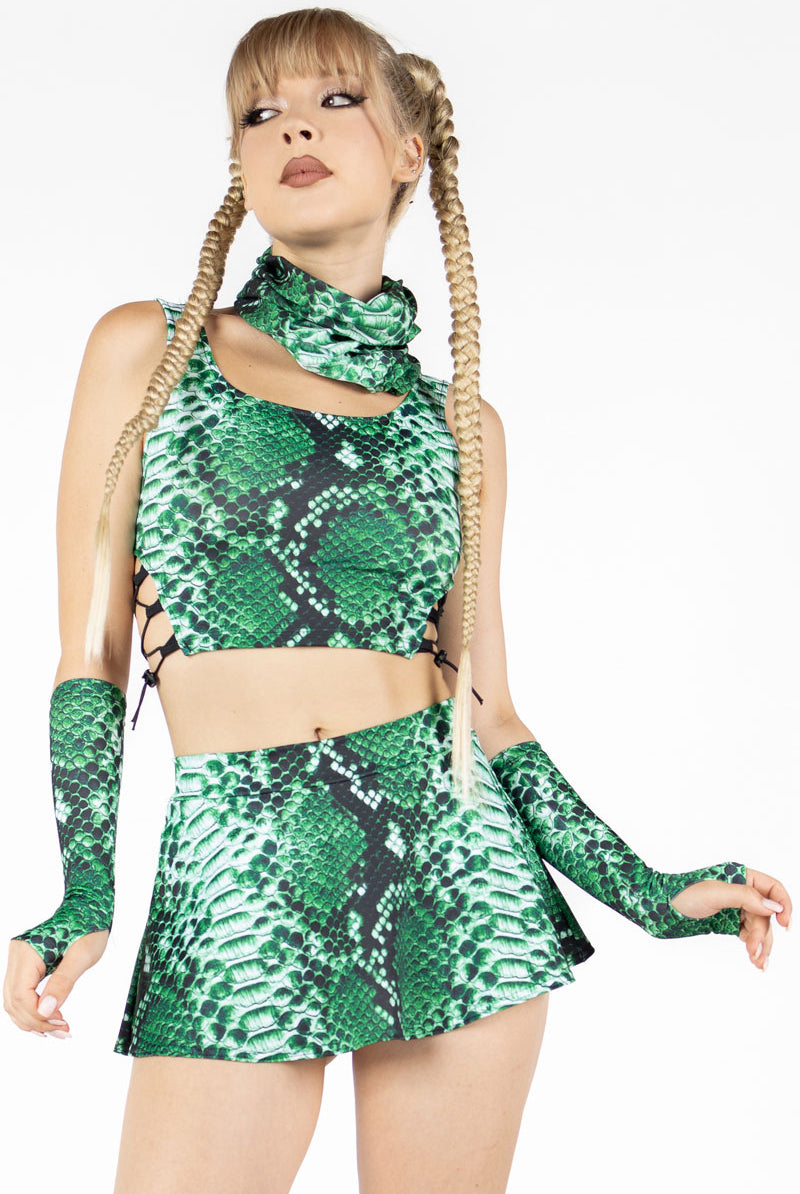 Green Snakeskin Rave Mini Skirt Set Close View