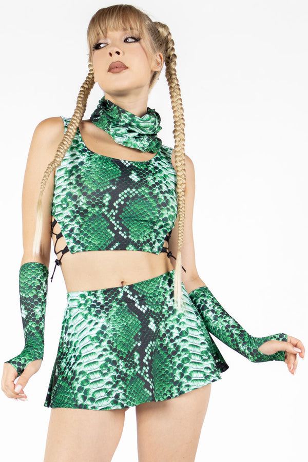 Rave Outfit Green Snakeskin Rave Mini Skirt Set Close View