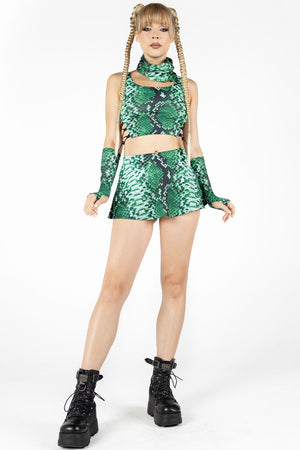 Green Snakeskin Rave Mini Skirt Set Front View