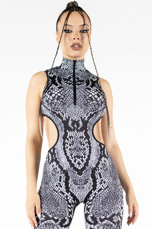 Rave Outfit Grey Snakeskin Cut Out Catsuit Close View