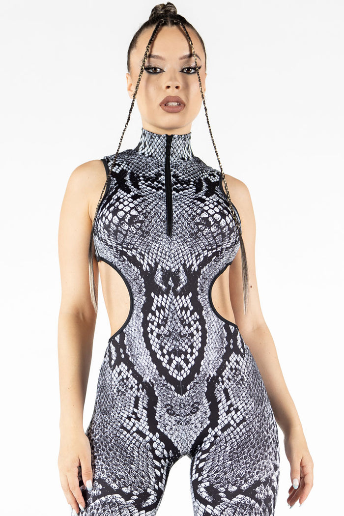 Rave Outfit Grey Snakeskin Cut Out Catsuit Close View